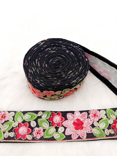 Black Silk Fabric Embroidered Trim, Floral Embroidery Indian Sari Border Trim By Yard Decorative Trim Craft Lace, Sequins Trim